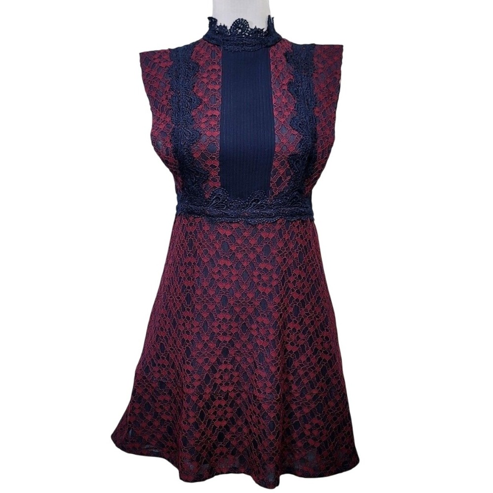 Few‎ Moda New York L Lace High Neck Open Back Mini Dress Navy Burgundy Gothic